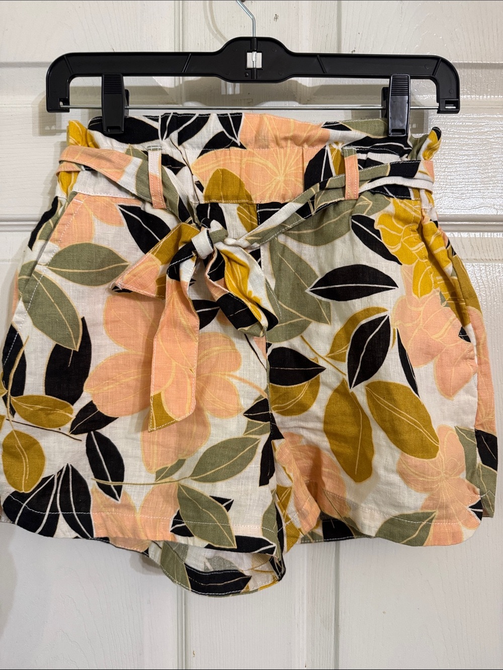 Rachel Zoe Linen Peach Olive Floral Paperbag High Waist Shorts Sz XS